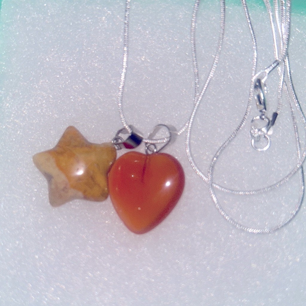 Agate Star And Carnelian Heart Sterling Silver 30” Necklace